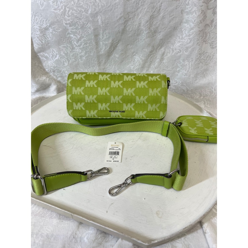 Michael Kors Jet Set Travel Lime Green Monogram Crossbody Bag + Tech
